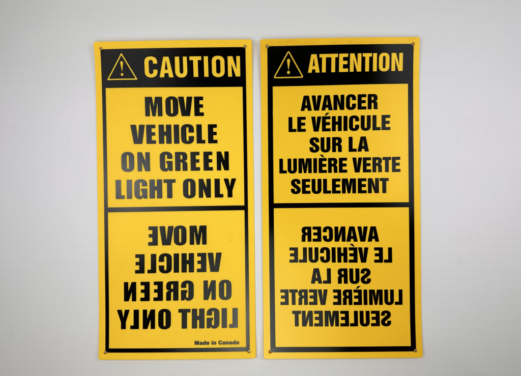 back up signs for trucks, french back up signs for trucks. bilingual back up signs, custom signs for dock and door. loading dock signs